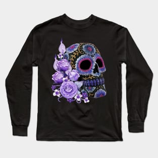 Purple Floral Black Sugar Skull Day Of The Dead Long Sleeve T-Shirt